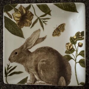 Graces Teaware Yellow Floral Garden Bunny Rabbits side/trinket set of 2.